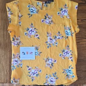 Alice Blye Yellow Floral Short Sleeve Pocket Blouse